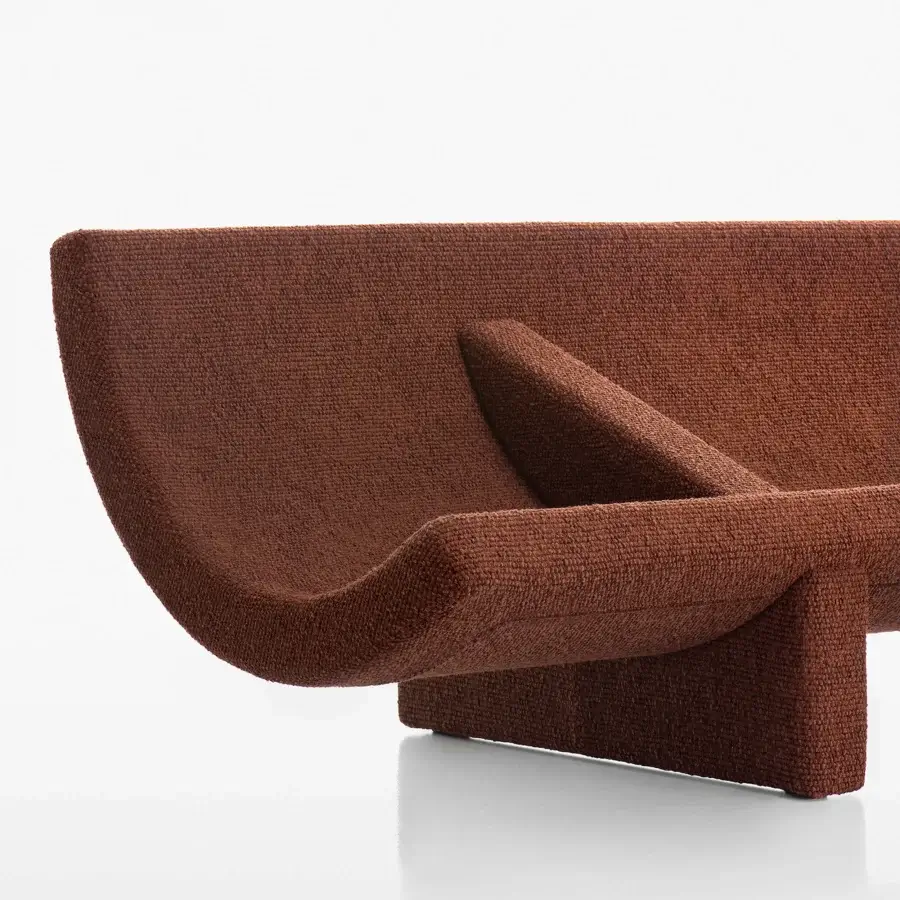Exceptional Acerbis Trench sofa with sculpted form upholstered in a warm medium-brown textured textile crafted in Italy