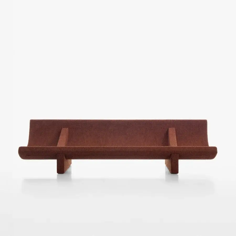 Distinguished Acerbis Trench sofa with sculpted form upholstered in warm earthy brown woven fabric and recessed legs