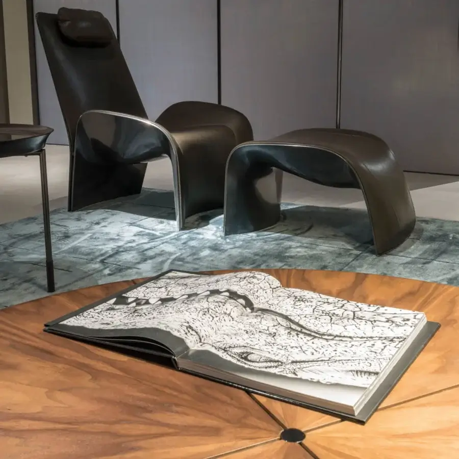 Exclusive Giorgetti Eva lounge chair with a compact rigid polyurethane structure and dark brown textile upholstery with a shiny lacquered finish