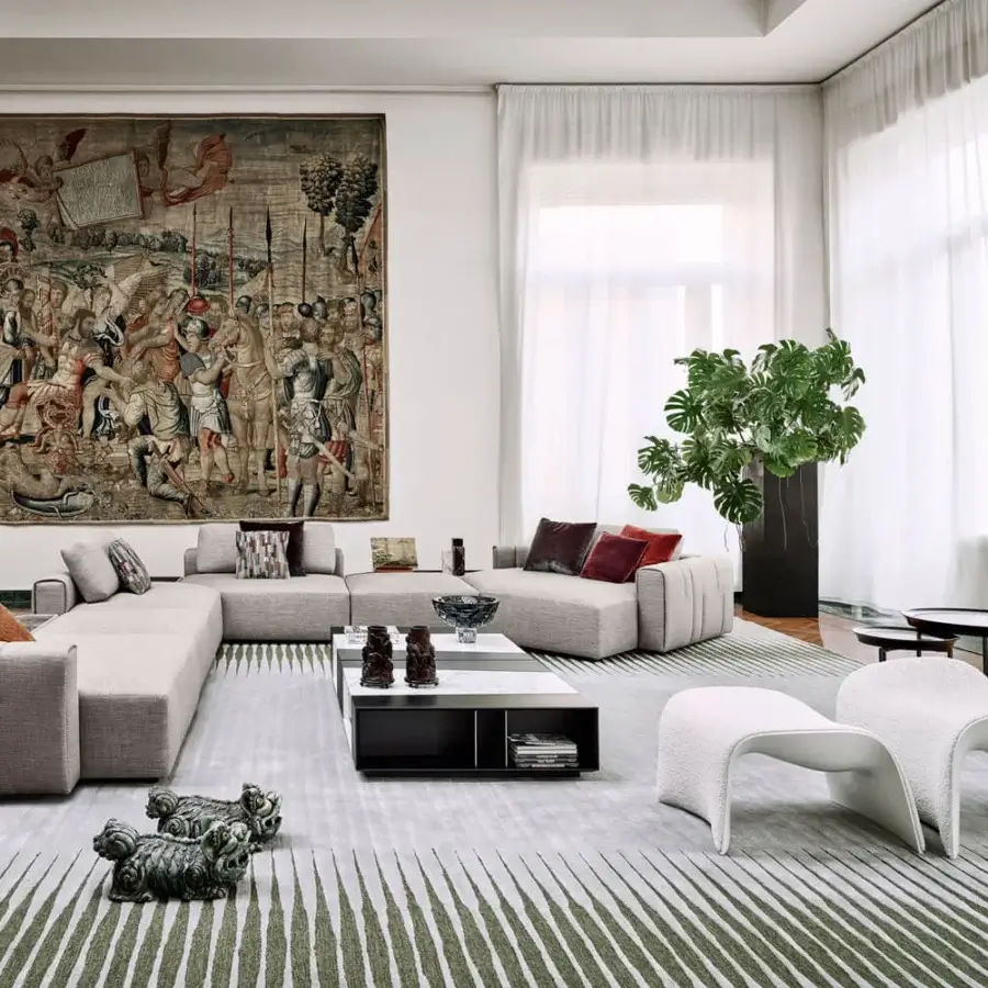 Distinguished Giorgetti Eva lounge chair crafted in textured off-white fabric with a shiny lacquered structure