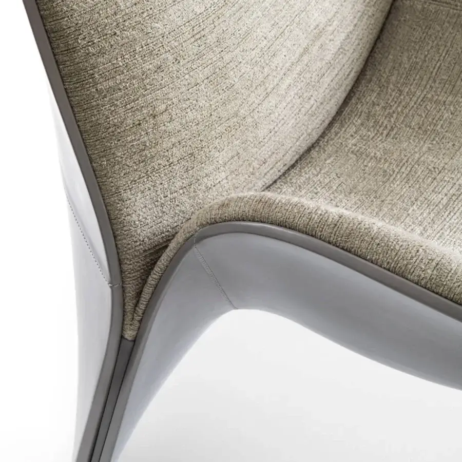 Exceptional Giorgetti Eva lounge chair with neutral beige-grey textile upholstery and shiny lacquered structure
