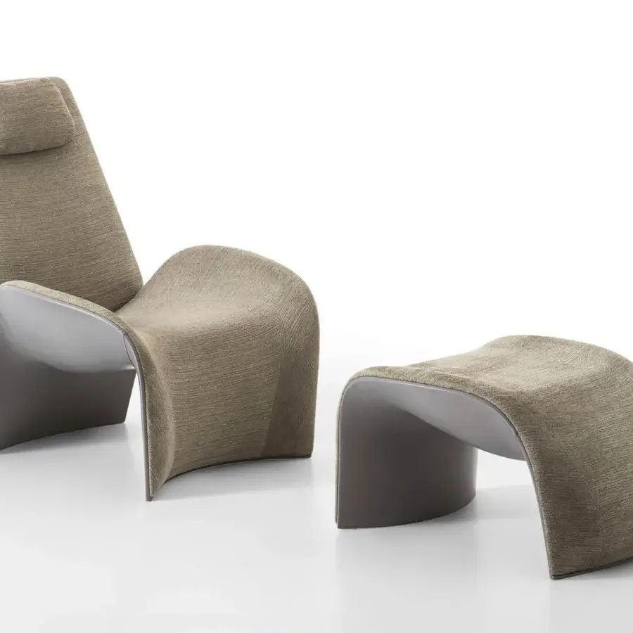 Elegant Giorgetti Eva lounge chair with muted olive-grey woven textile upholstery and shiny lacquered structure