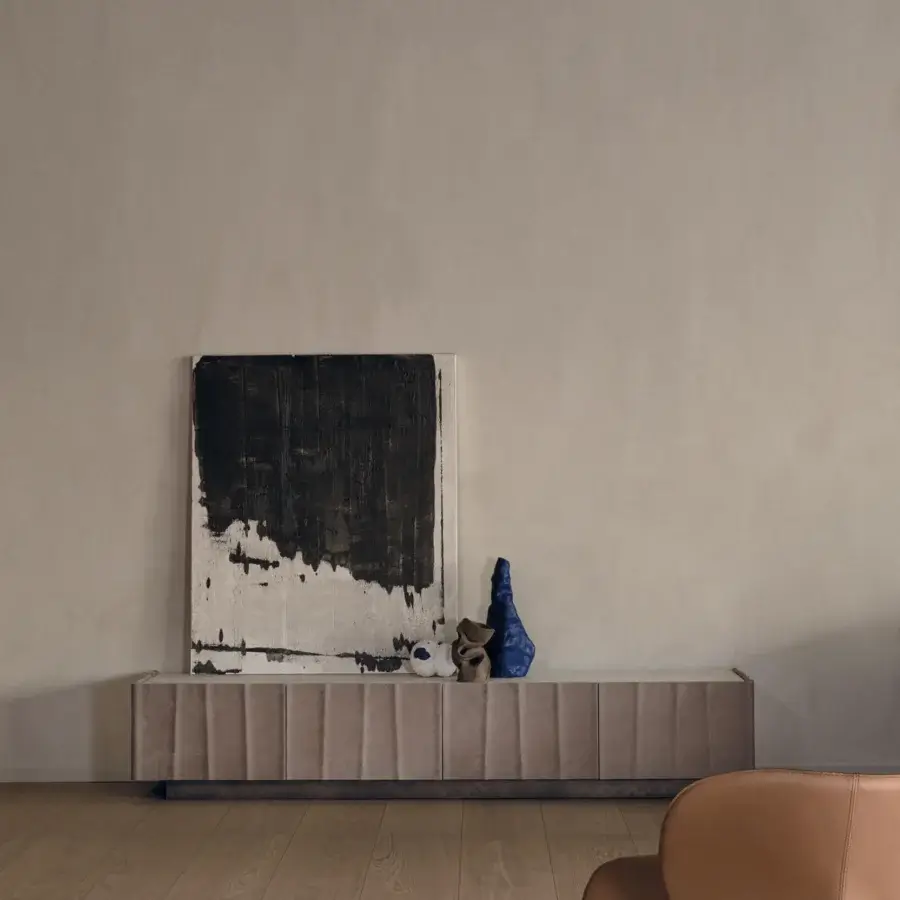 Distinguished Cierre1972 Dune sideboard with a textile body and matte finish in a dusty rose tone, crafted with horizontally recessed panels