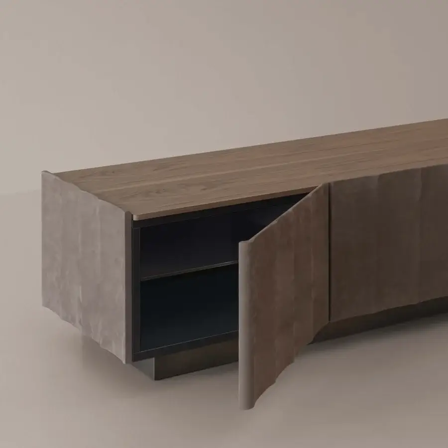 Captivating Cierre1972 Dune sideboard crafted in Italy with satin wood and textured synthetic material in a muted taupe tone