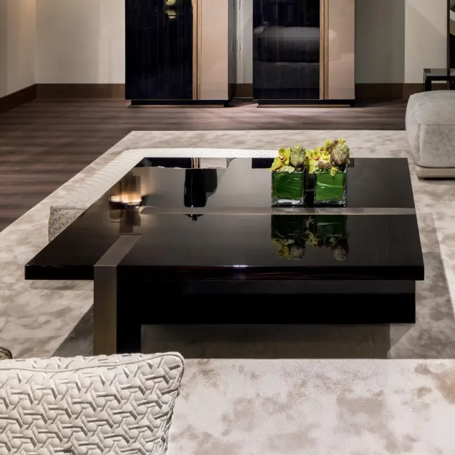 Exceptional Sicis Alec coffee table crafted in ebony wood with refined liquid metal accents and high-gloss polish