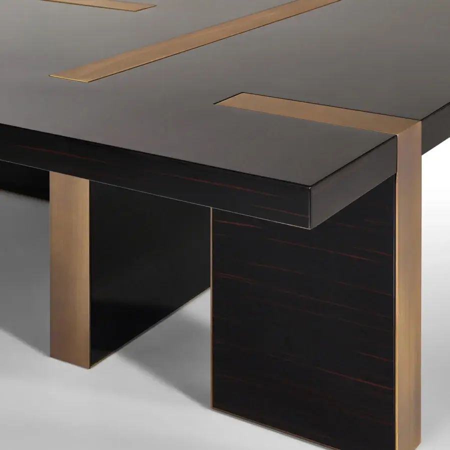 Superior Sicis Alec coffee table crafted in ebony wood with liquid metal accents and glossy finish