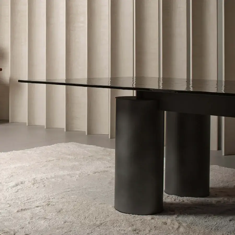 Superior Acerbis Serenissimo table with transparent tempered glass and encaustic finished cylindrical bases