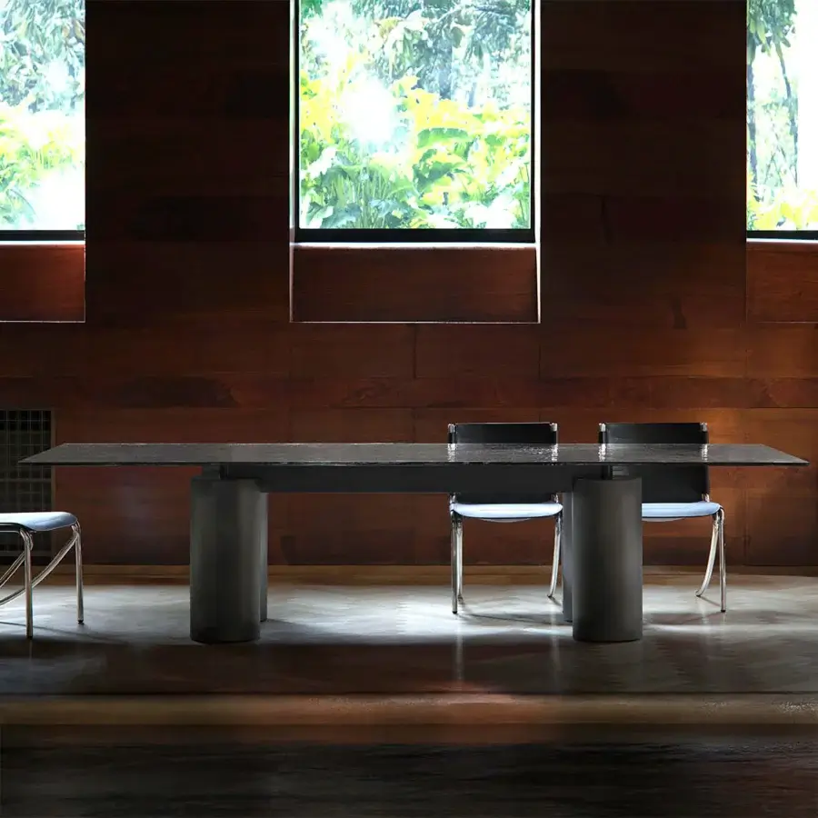 Distinguished Acerbis Serenissimo table with Marquinia Black marble and sandblasted dark matte blown glass base