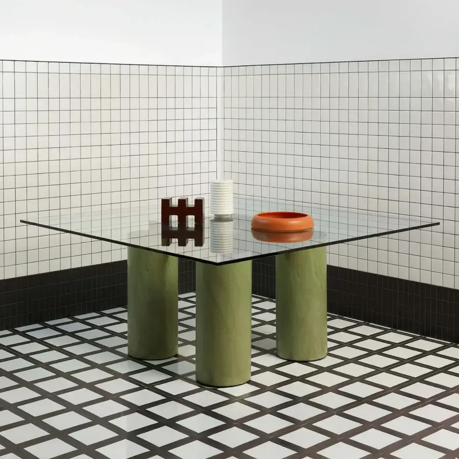 Exceptional Acerbis Serenissimo table with transparent tempered glass and olive green sandblasted blown glass legs crafted with an encaustic finish