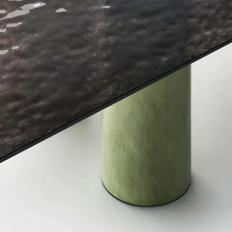 Elegant Acerbis Serenissimo table with transparent grey tempered glass and pale green sandblasted blown glass pedestal