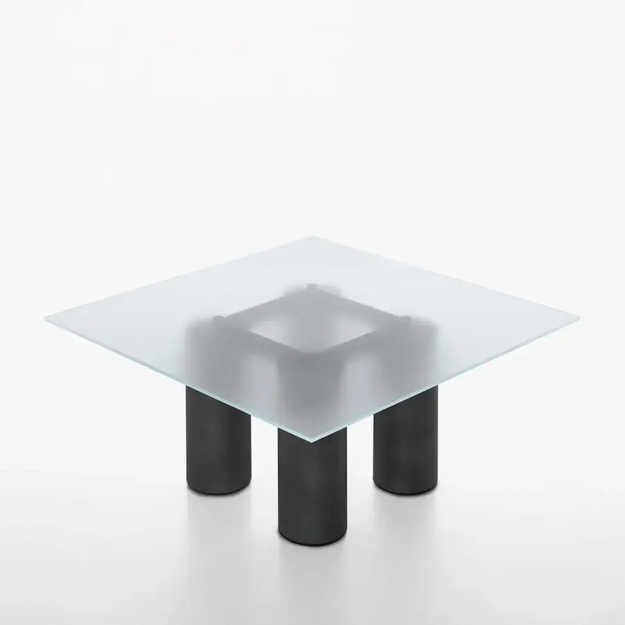 Elegant Acerbis Serenissimo table with transparent tempered glass and dark-toned metal legs with a matte finish
