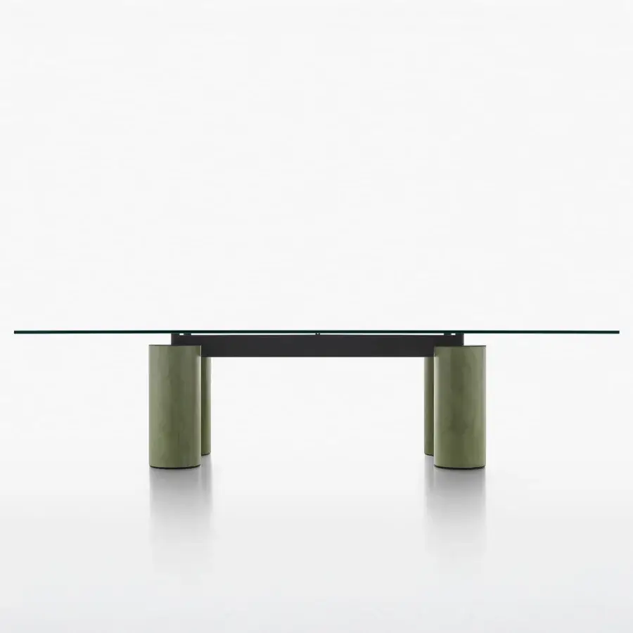 Superior Acerbis Serenissimo table with transparent tempered glass and olive green sandblasted blown glass legs crafted in Italy