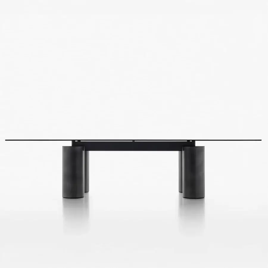 Distinguished Acerbis Serenissimo table with transparent tempered glass and dark matte sandblasted blown glass base