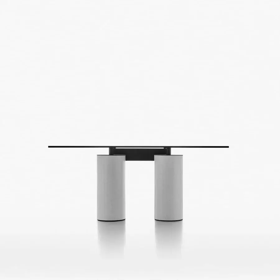 Exceptional Acerbis Serenissimo table with transparent tempered glass and neutral gray encaustic sandblasted blown glass bases