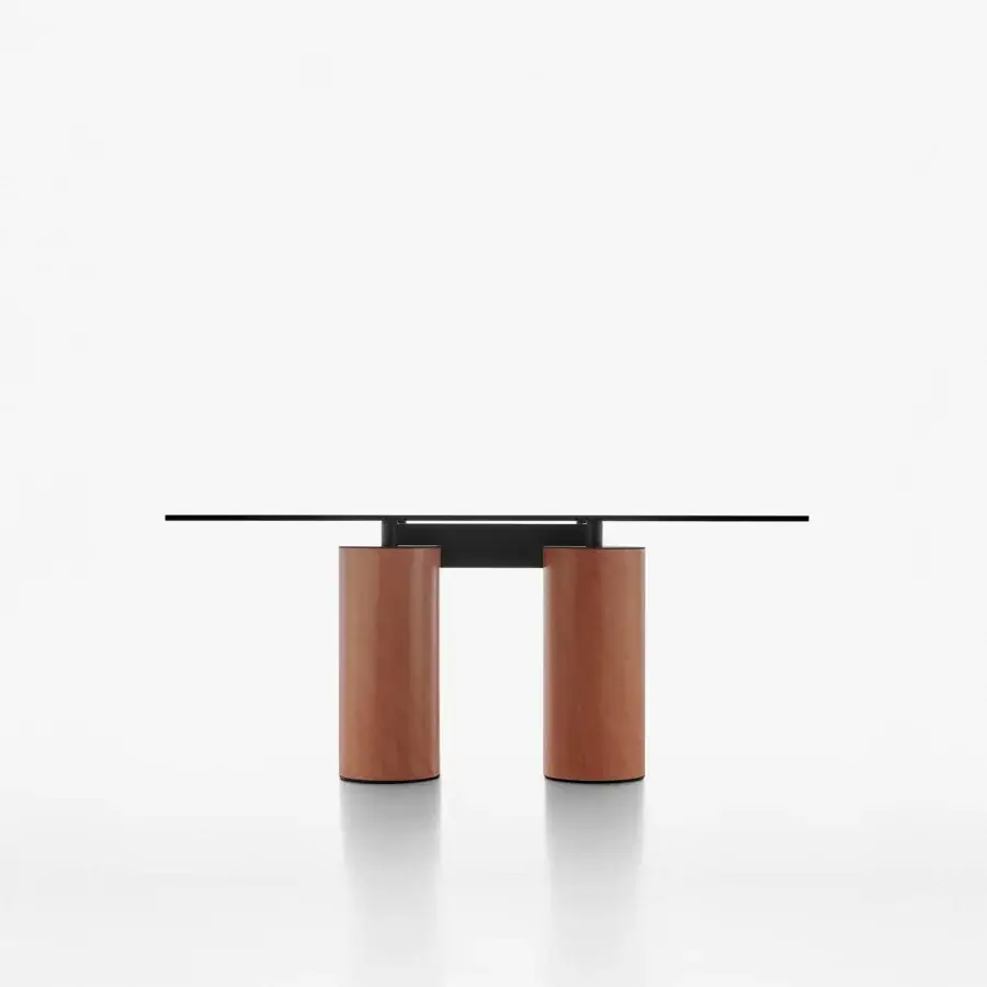 Elegant Acerbis Serenissimo table with transparent tempered glass and sandblasted blown glass base in medium brown and black metal