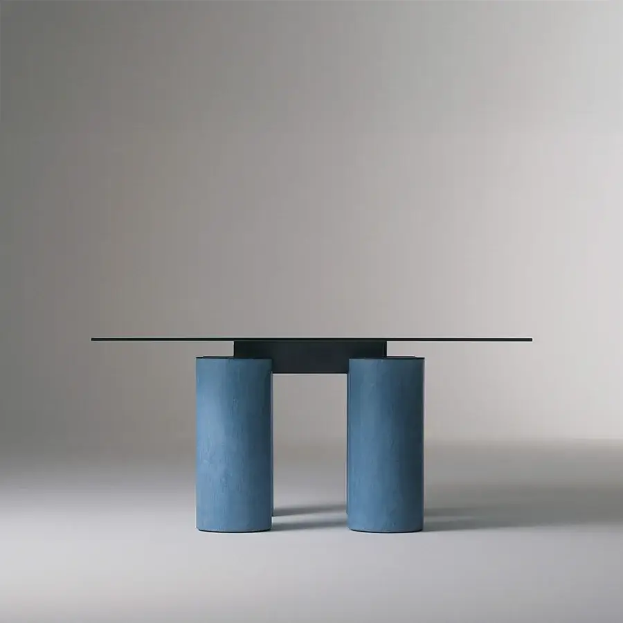 Superior Acerbis Serenissimo table with transparent dark grey tempered glass and muted blue-gray sandblasted blown glass base