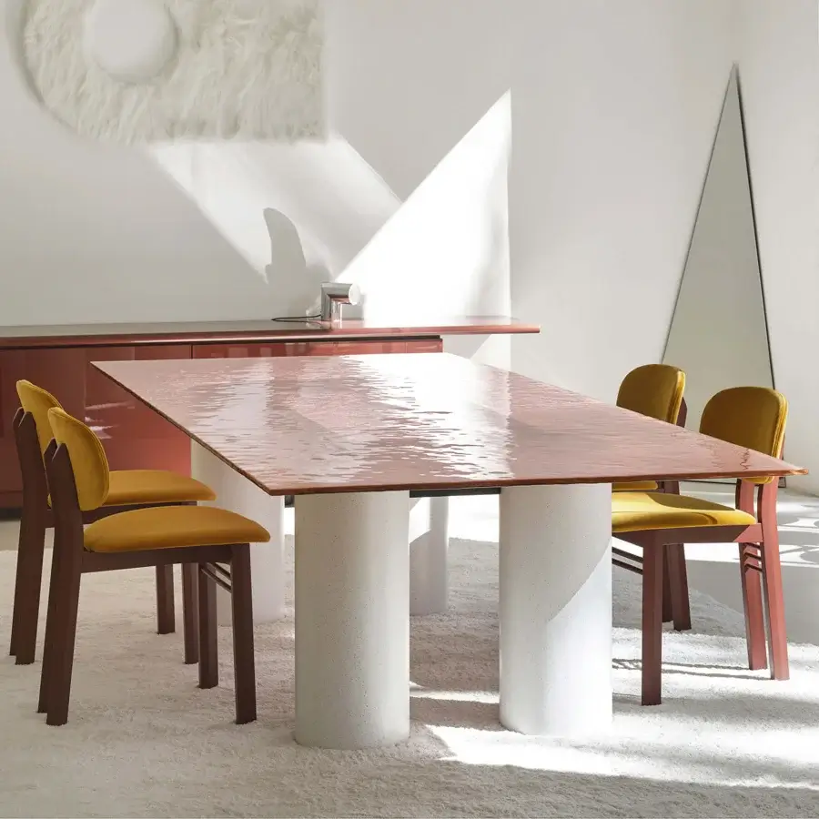 Superior Acerbis Serenissimo table with reddish-brown glass tabletop and light-colored sandblasted blown glass bases in opalescent finish