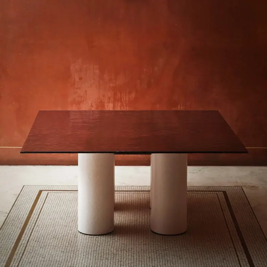 Distinguished Acerbis Serenissimo table with reddish-brown wood-grain tabletop and light-colored sandblasted blown glass legs crafted with an encaustic finish