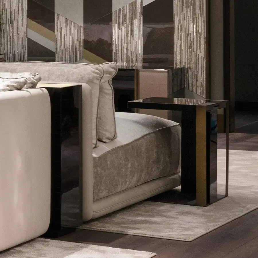 Superior Sicis Alec side table crafted in ebony wood with liquid metal accents and high-gloss finish