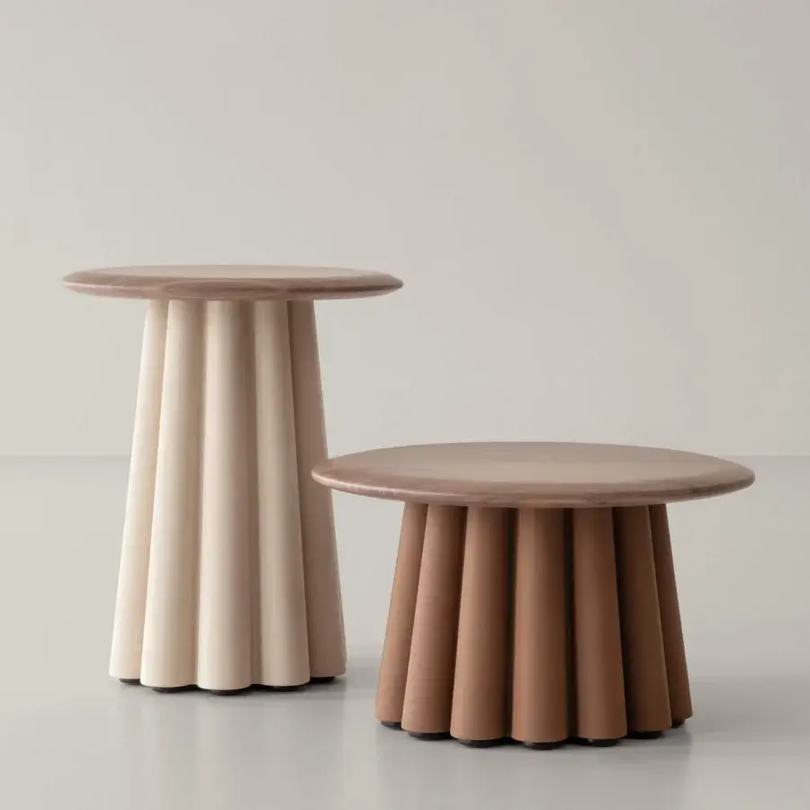 Exceptional Cierre1972 Budino side table with satin wood and a light beige vertically segmented base