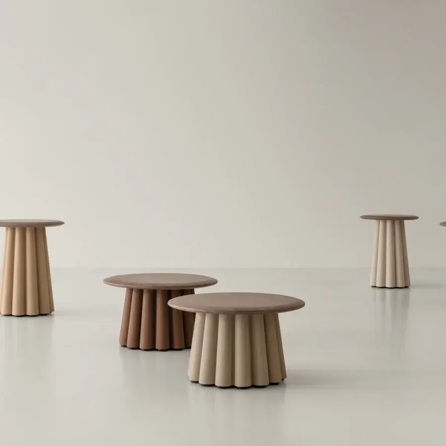 Distinguished Cierre1972 Budino side table crafted in wood with a satin finish, presenting a light beige ribbed base and medium-brown tabletop