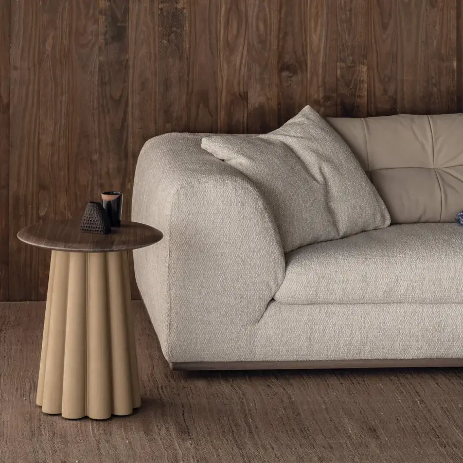Distinguished Cierre1972 Budino side table in warm beige textured material with a satin wood tabletop