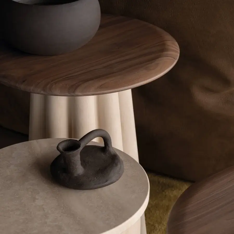 Superior Cierre1972 Budino side table with dual tiers in satin wood and matte beige surfaces