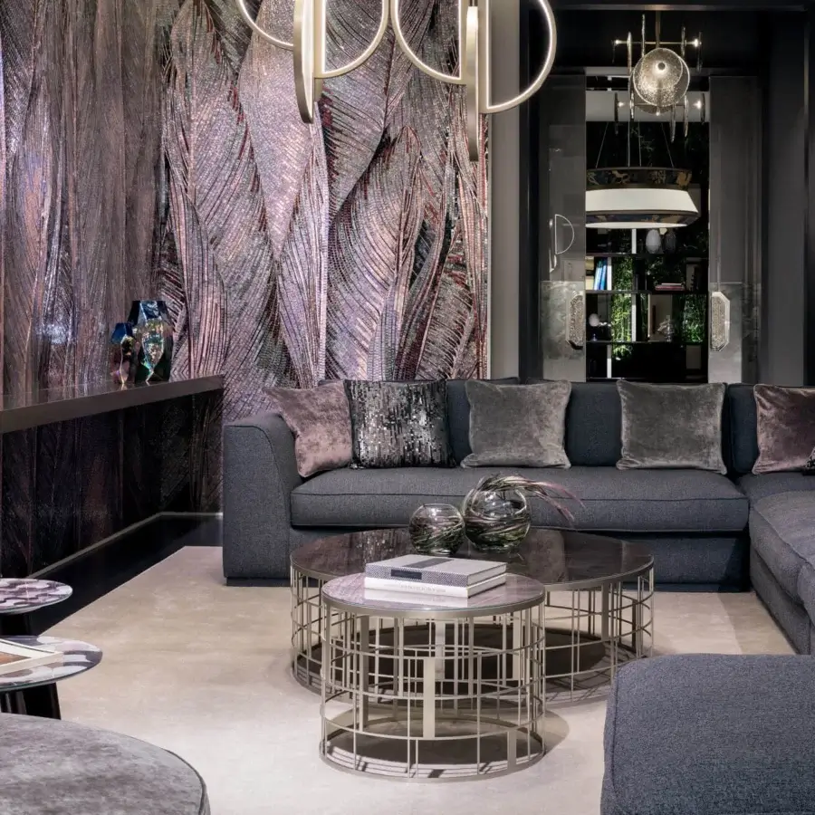 Elegant Sicis Koro side & coffee table set with lacquered stainless steel frames and luminous Vetrite glass tops in polished silver tone