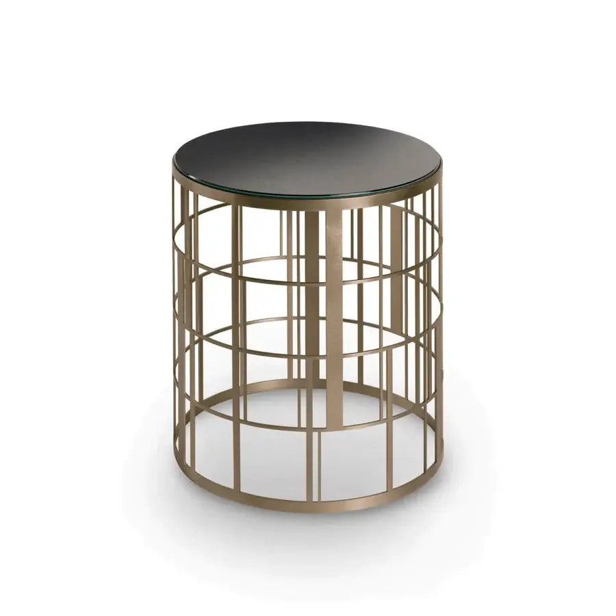 Distinguished Sicis Koro side & coffee table with golden-bronze lacquered stainless steel and striking Vetrite glass, crafted in a satin finish