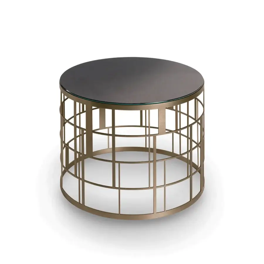 Elegant Sicis Koro side & coffee table with lacquered stainless steel in warm gold tone and luminous Vetrite glass top