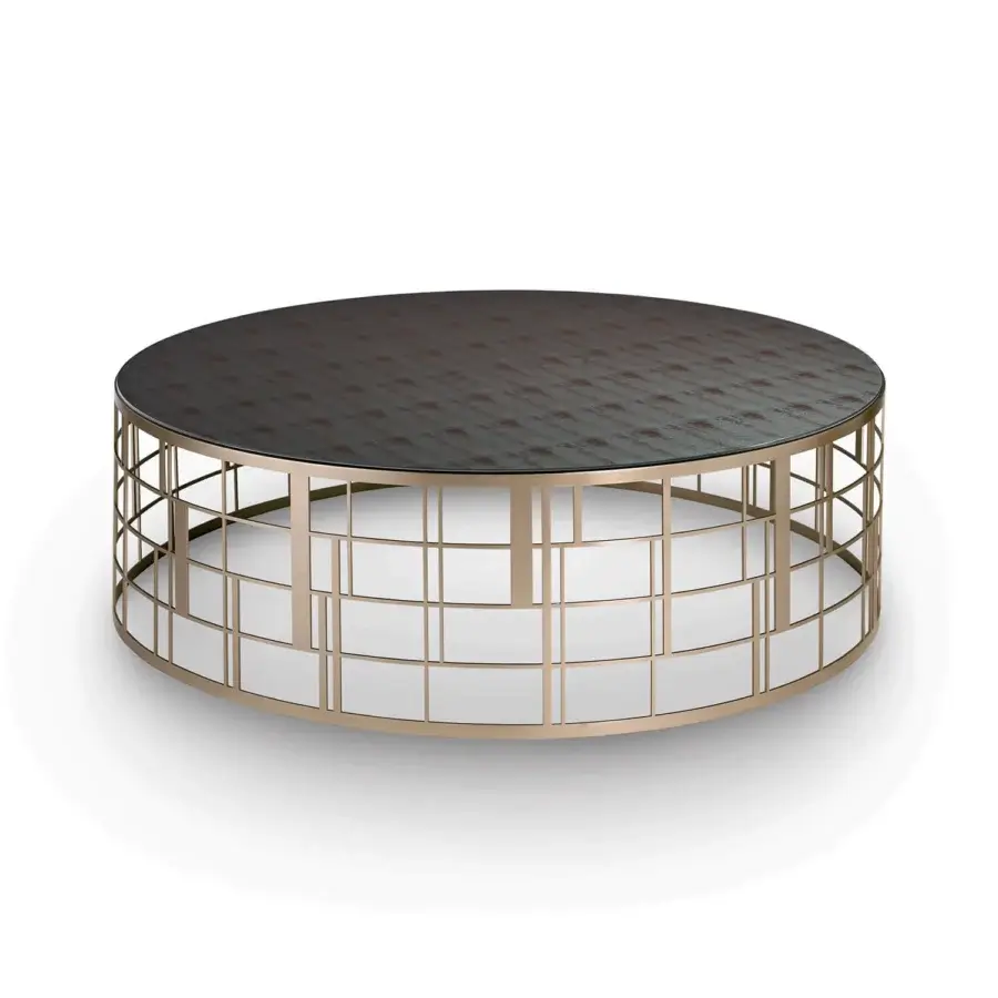 Exclusive Sicis Koro side & coffee table crafted with luminous Vetrite glass and lacquered muted gold tone stainless steel