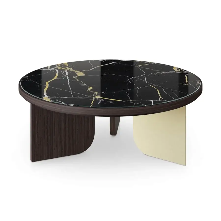 Superior Sicis Liam coffee table with Vetrite tabletop and black base exhibiting white gold veining crafted in wood and pale gold metal