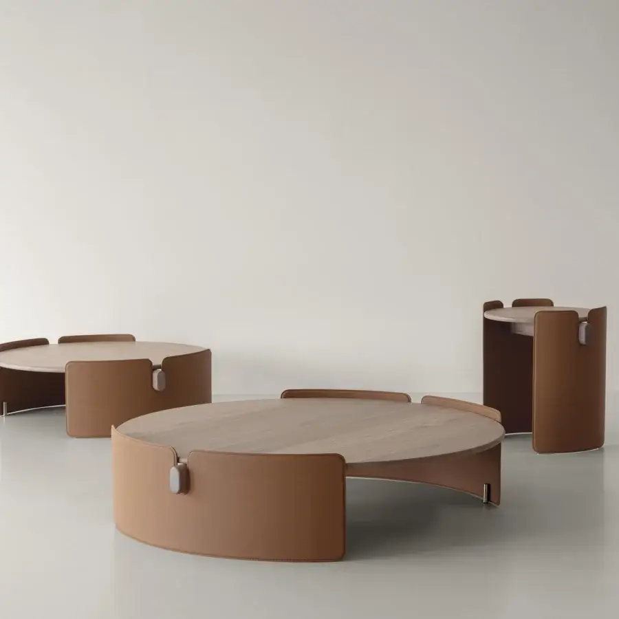Distinguished Cierre1972 Maori coffee table with medium-tone brown wood tabletop and reddish-brown curved enclosure in satin finish