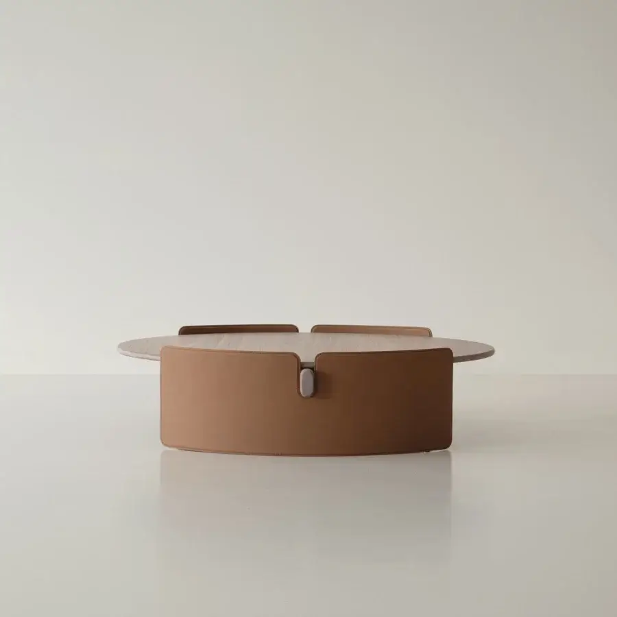 Exclusive Cierre1972 Maori coffee table crafted in Italy with reddish-brown base and satin-finish wood tabletop