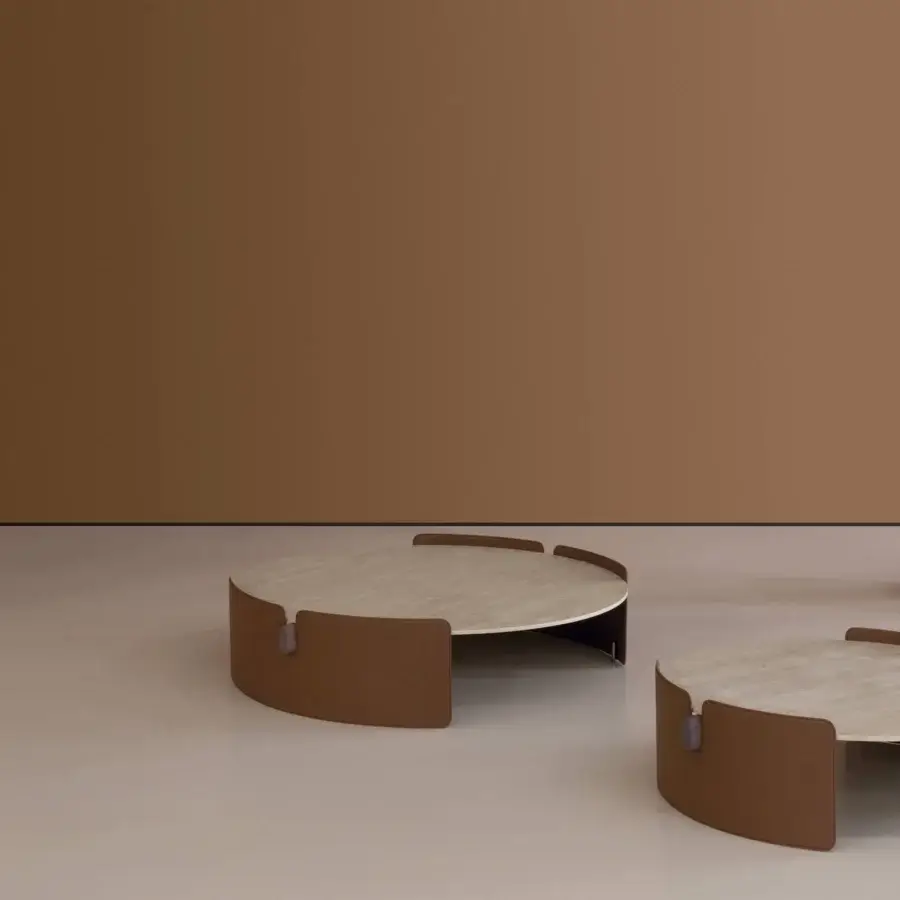 Exceptional Cierre1972 Maori coffee table set crafted with light wood and reddish-brown metal in matte and satin finish