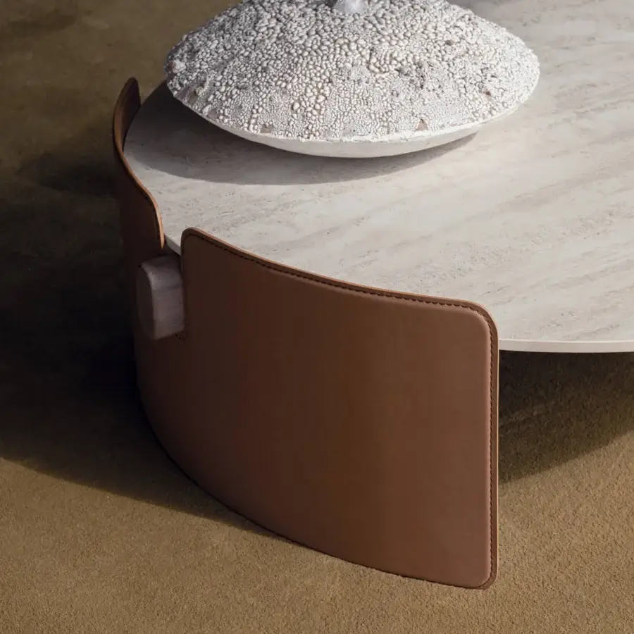 Harmonious Cierre1972 Maori coffee table with light beige stone tabletop and light-toned wooden base in matte finish