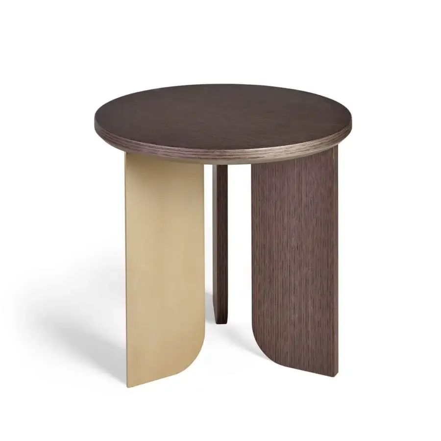 Elegant Sicis Liam side table with wood and steel legs in dark brown and golden yellow with a satin finish