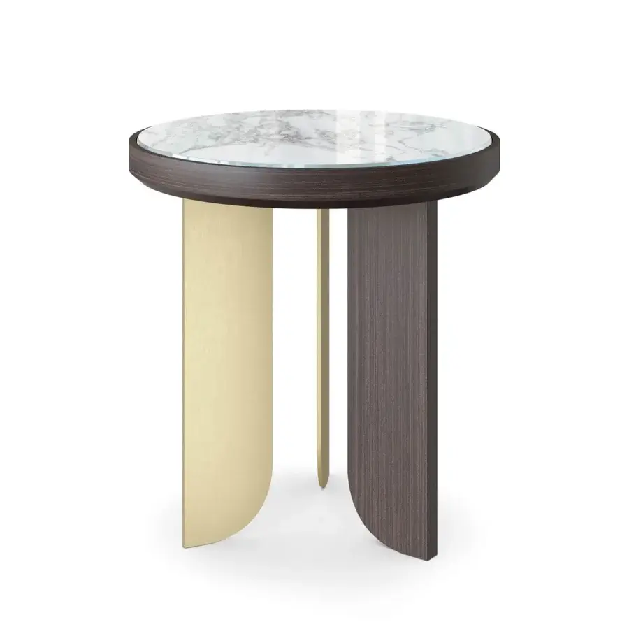 Exceptional Sicis Liam side table with Vetrite glass tabletop and dark-stained wood with polished gold-toned metal base in glossy finish
