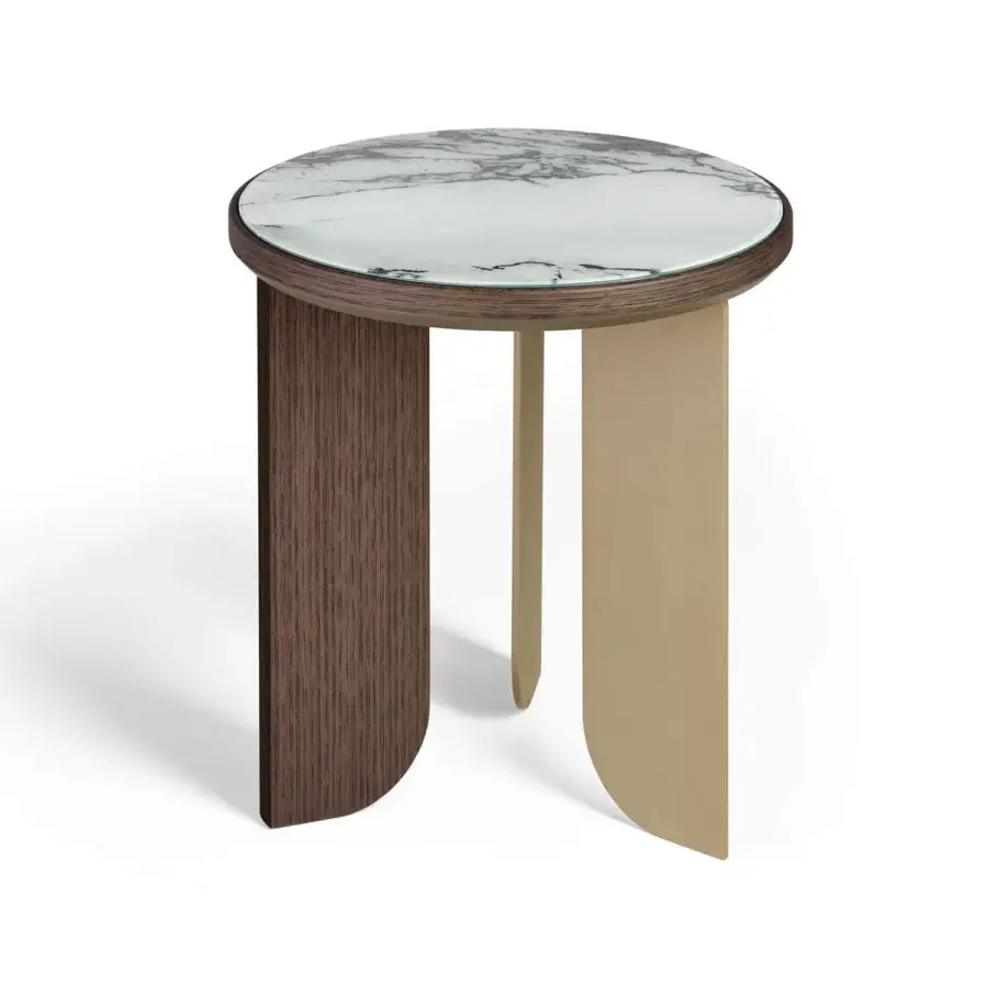 Distinguished Sicis Liam side table with Vetrite glass tabletop and satin-finish metal framing a unique wood leg design