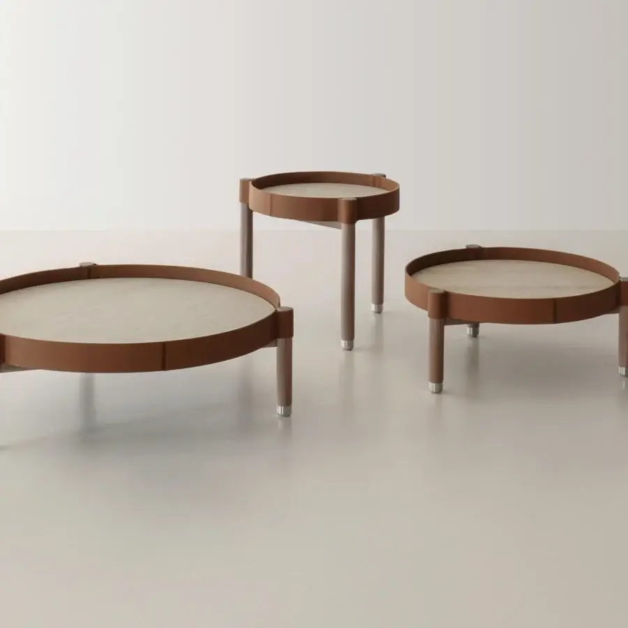 Superior Cierre1972 Miro coffee table crafted in Italy with light wood, brown leather trim and subtle metallic feet