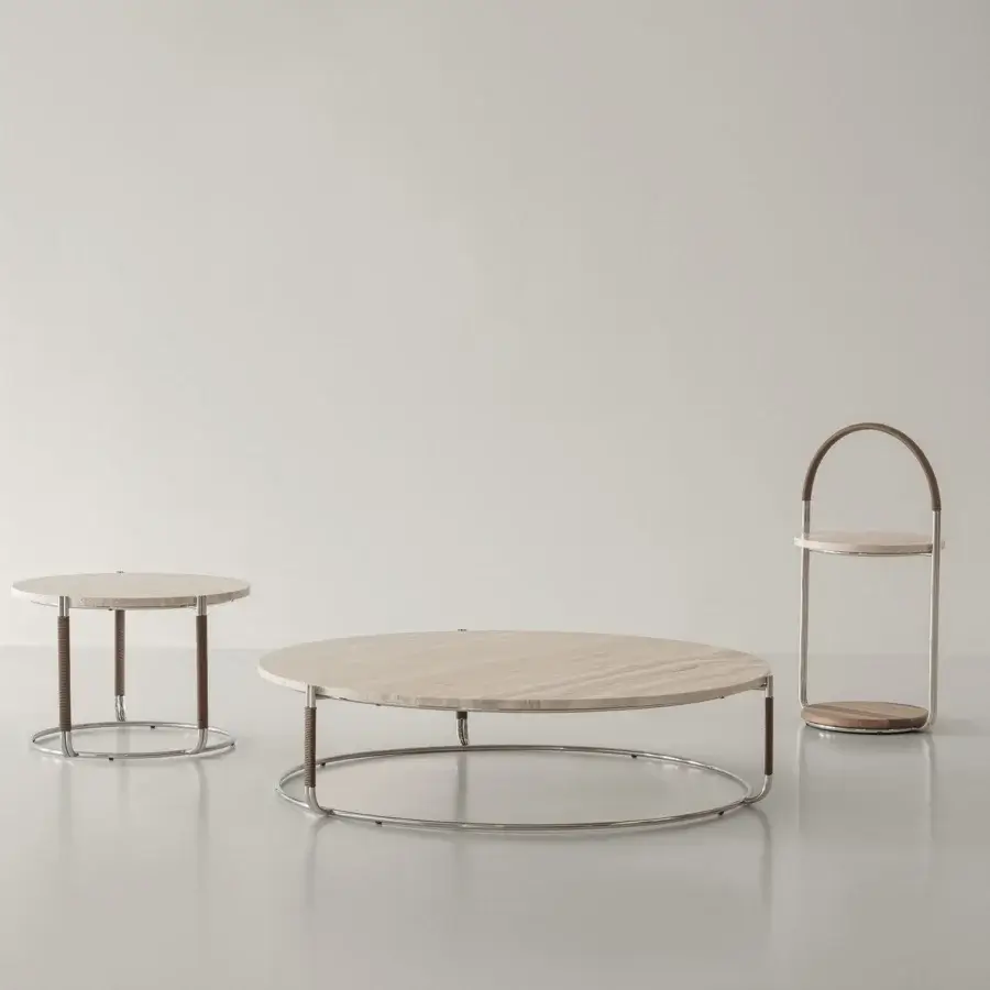 Sophisticated Cierre1972 Otto coffee table with slim silver-toned metal and hand-wrapped leather cord detailing in a matte natural wood tone