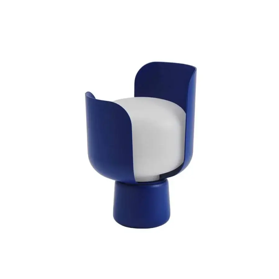 Captivating FontanaArte Blom table lamp with a deep blue, glossy painted aluminum frame and milk-white polyethylene diffuser