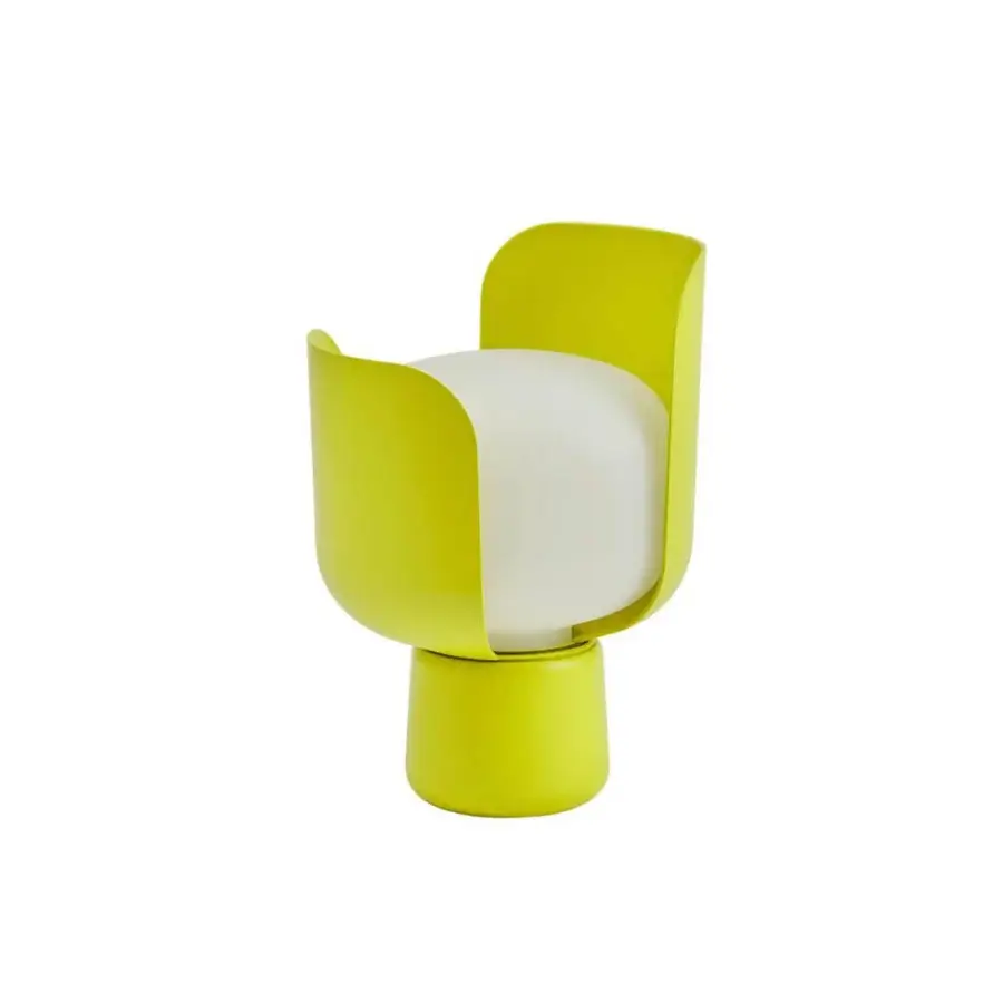 Distinguished FontanaArte Blom table lamp with lime green painted aluminum and a milk-white polyethylene diffuser