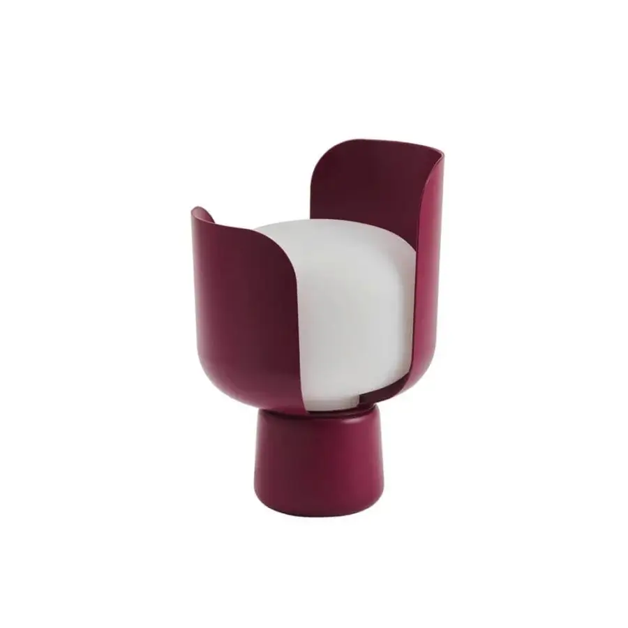 Distinguished FontanaArte Blom table lamp with uniquely shaped petals crafted in painted aluminum and a milk-white polyethylene diffuser with burgundy finish