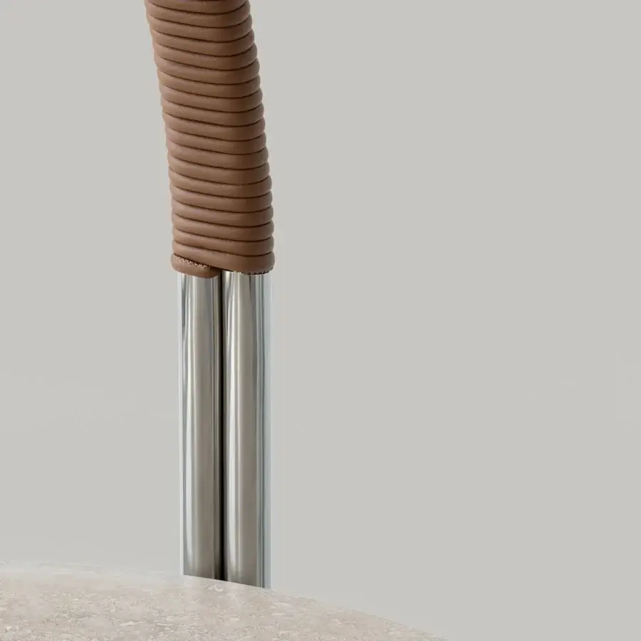 Elegant Cierre1972 Otto side table with light beige textured tabletop and polished steel supports crafted in Italy