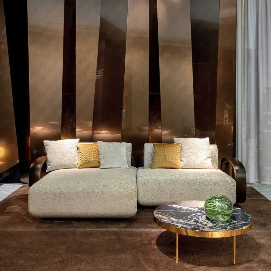 Exceptional Sicis Orbital coffee table with smoky mirror tops and polished golden metal base