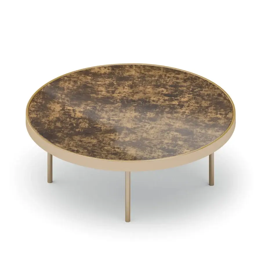 Superior Sicis Orbital coffee table with mottled brown and gold Vetrite glass and gold-toned metal structure crafted with a satin finish