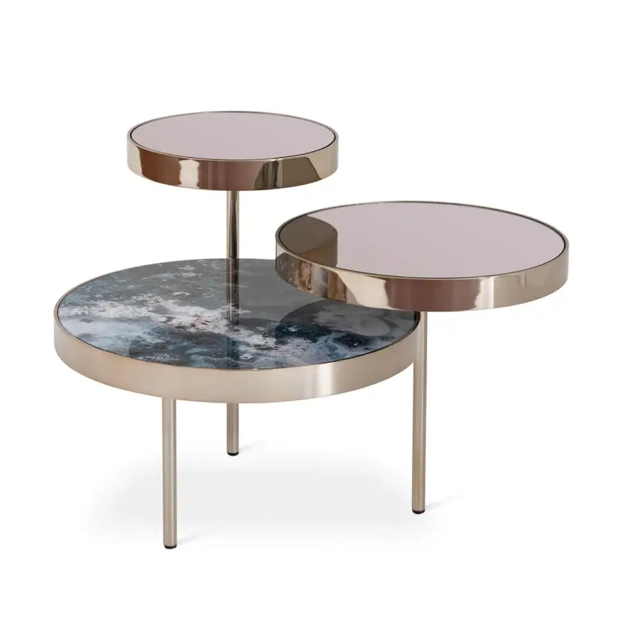 Distinguished Sicis Orbital coffee table built with blue, gray and white Vetrite glass plus rose-gold metallic frames and glossy finish