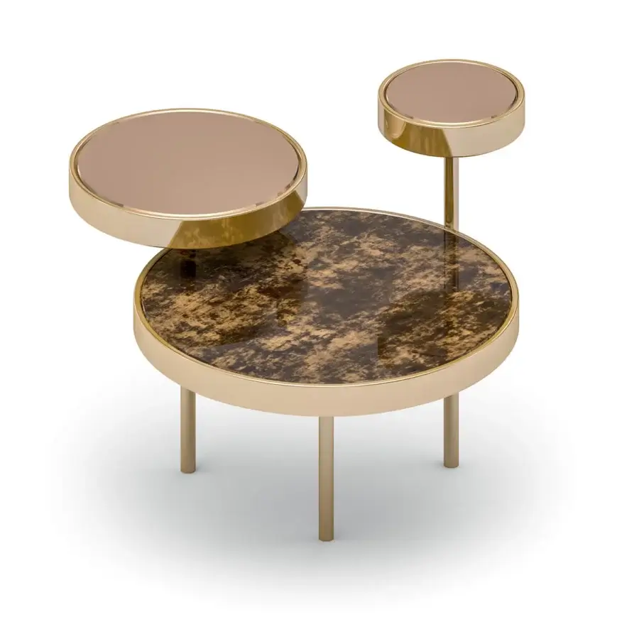 Exceptional Sicis Orbital coffee table with warm gold metal and marbled brown gold Vetrite glass surfaces built with a refined finish