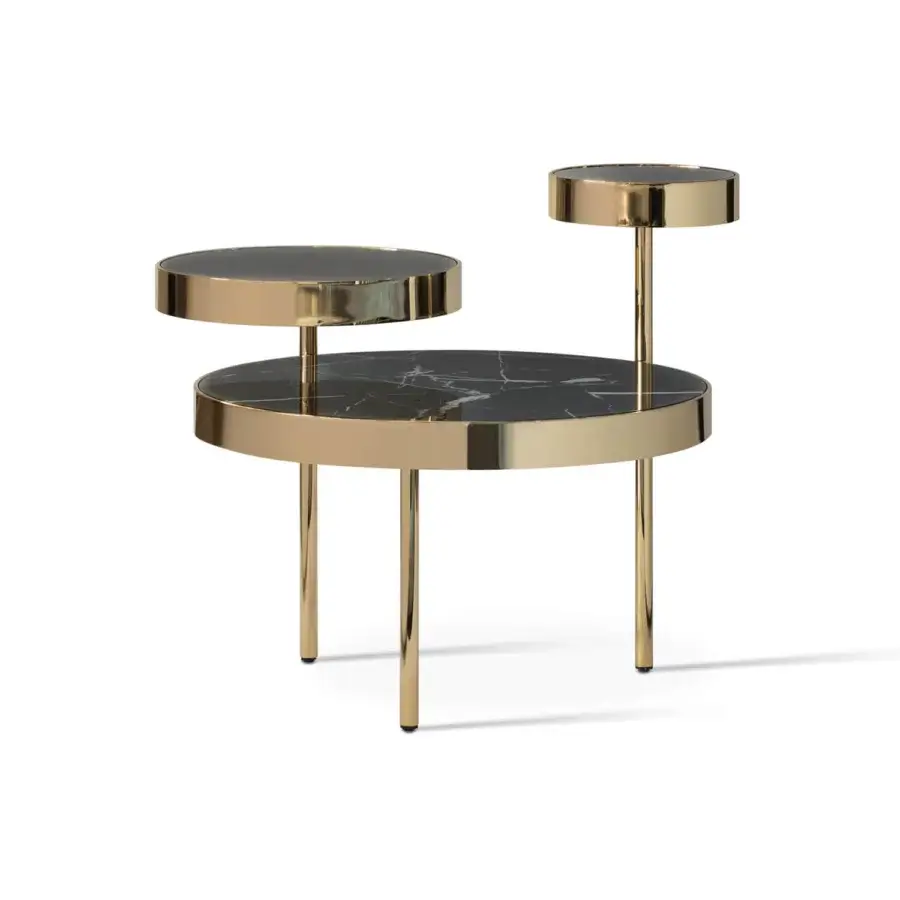 Superior Sicis Orbital coffee table with polished gold metal and striking smoky mirror or Vetrite glass tabletops
